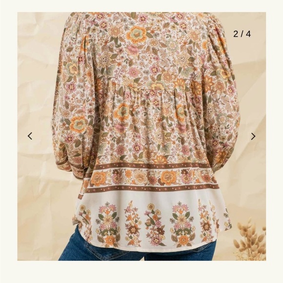 Blu Pepper Sz S Floral Bohemian Burton Blouse - Cream & Brown Balloon Sleeves - Picture 5 of 15